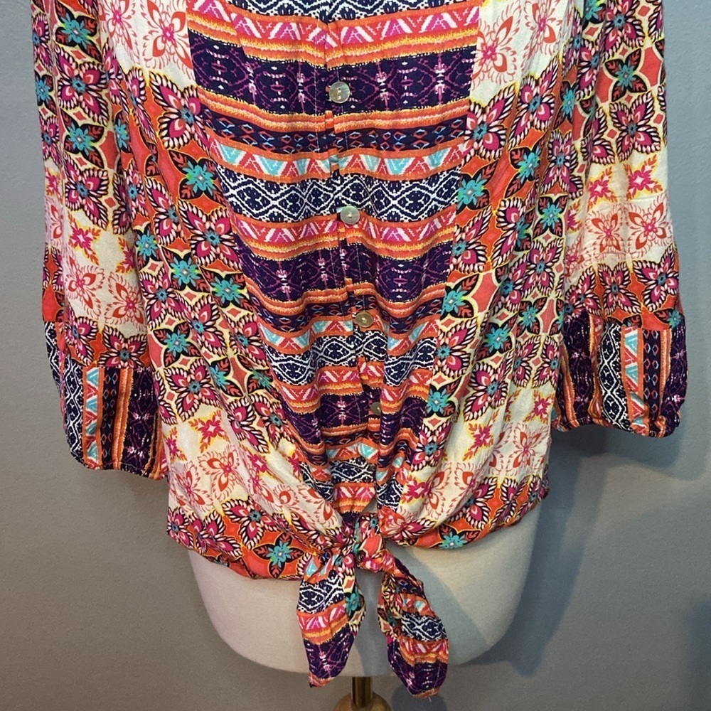 Figueroa & Flower Blouse Top 3/4 Sleeves Tie Hem PL - Picture 3 of 9